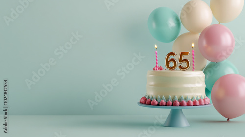 Birthday cake with candles for 65 years, balloons in pastel background