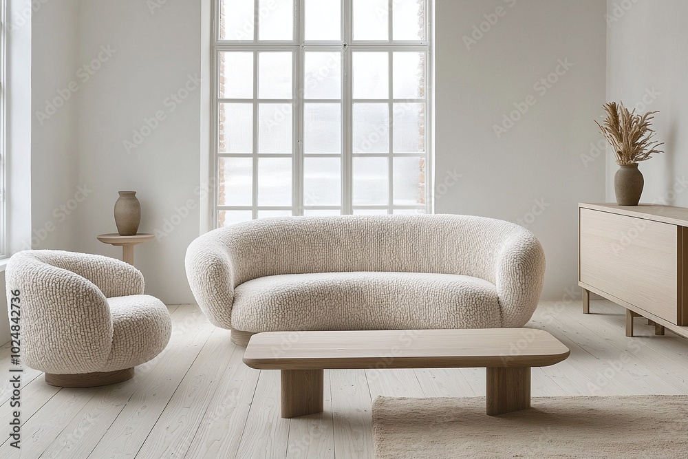 A minimalist, japandi interior in a living room with plaid windows and boucle sofas. Generative AI
A minimalist, japandi interior in a living room with plaid windows and boucle sofas. Generative AI