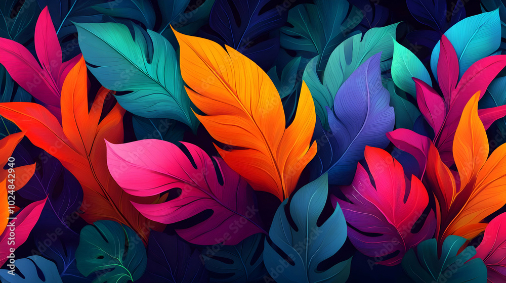 Vibrant tropical leaves in various colors against a dark background. Vibrant tropical leaves in various colors against a dark background.