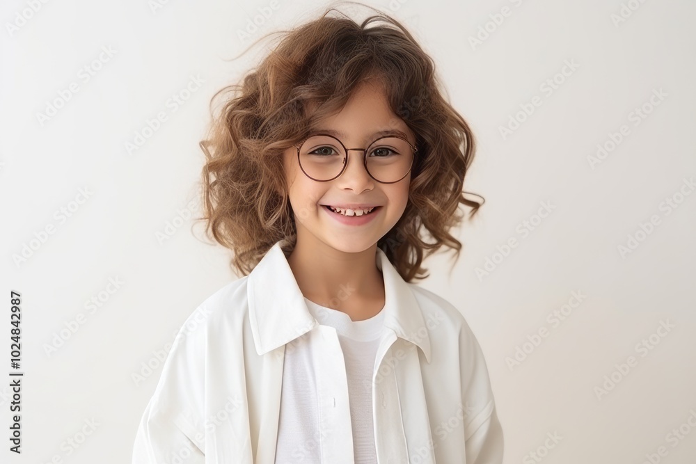 Portrait of cute little girl with curly hair and eyeglasses Portrait of cute little girl with curly hair and eyeglasses
