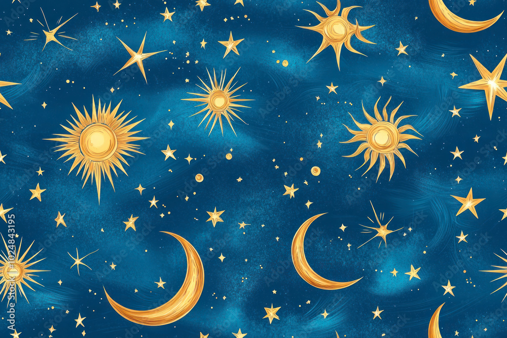 Seamless blue space pattern with sun, crescent and stars on a blue background. Mystical ornament of the night sky. Seamless blue space pattern with sun, crescent and stars on a blue background. Mystical ornament of the night sky.