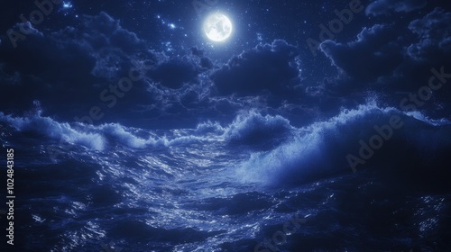 A luminous full moon casts a mystical glow over a stormy sea, with waves crashing under a starry night sky.