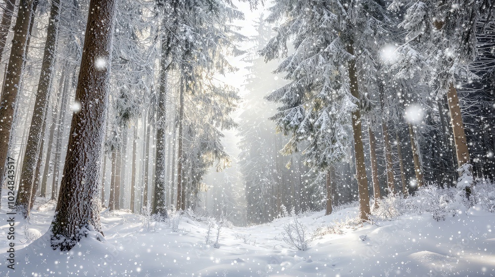 Obraz premium A snowy forest path with sunlight shining through the trees.