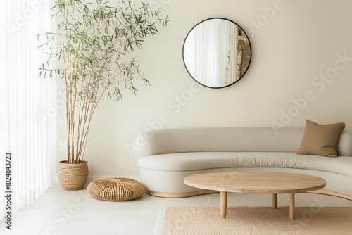 Minimalist, a modern japandi interior in the living room with circular mirrors hanging on the wall and sofas and tables.
