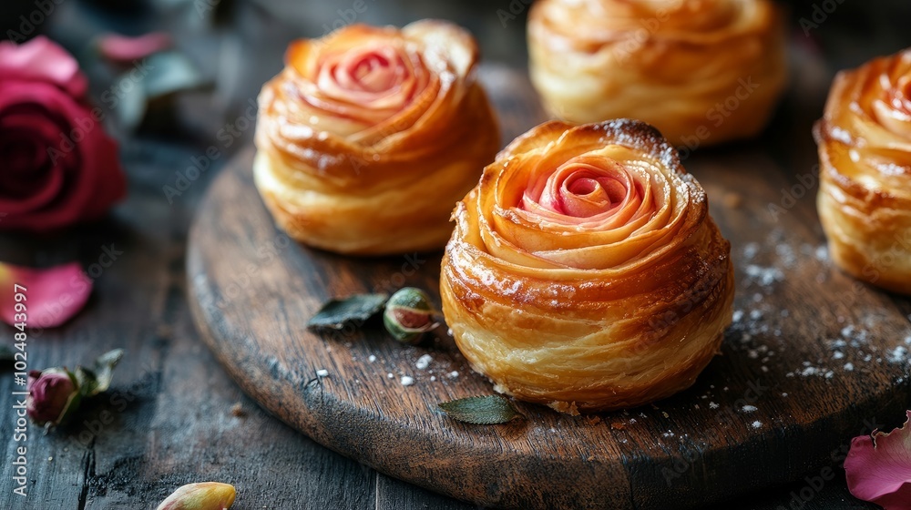 flaky puff pastry dough apple shapes, filled with a sweet apple filling, and adorned with rose-like decorations. flaky puff pastry dough apple shapes, filled with a sweet apple filling, and adorned with rose-like decorations.
