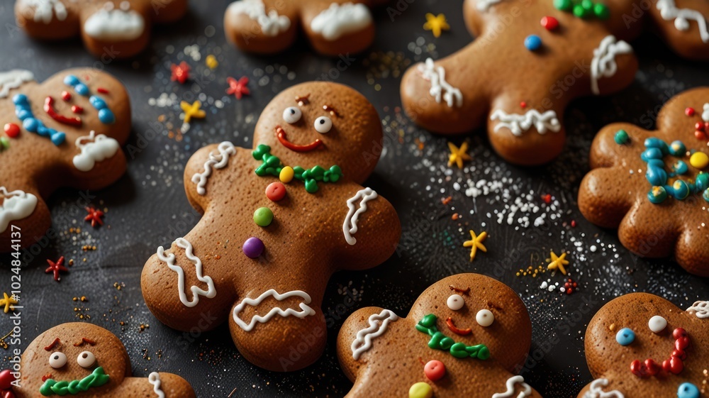 A close-up shot of gingerbread men cookies on a dark background decorated with colorful sprinkles. A close-up shot of gingerbread men cookies on a dark background decorated with colorful sprinkles.
