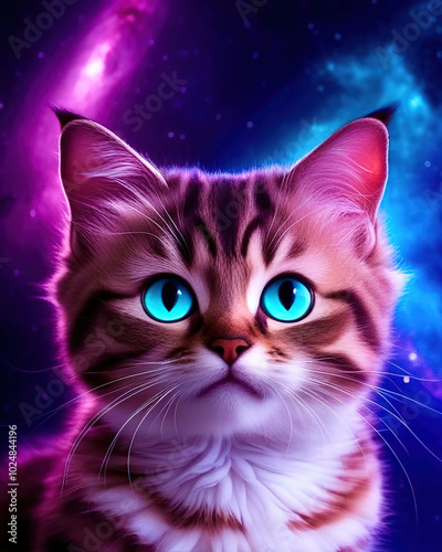 A cat with blue eyes is staring at the camera in a purple and blue background