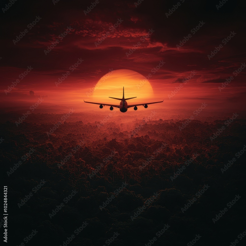 An airplane is silhouetted against a vibrant sunset, flying over a lush landscape, capturing a moment of serenity and adventure.