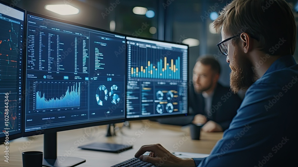 Wide-angle view of a computer screen showing real-time data analytics, with team members discussing in the background.