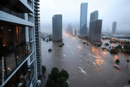 In an urban setting, roads are severely flooded, with vehicles struggling to navigate the high water, emphasizing the devastating power of nature over city landscapes. photo