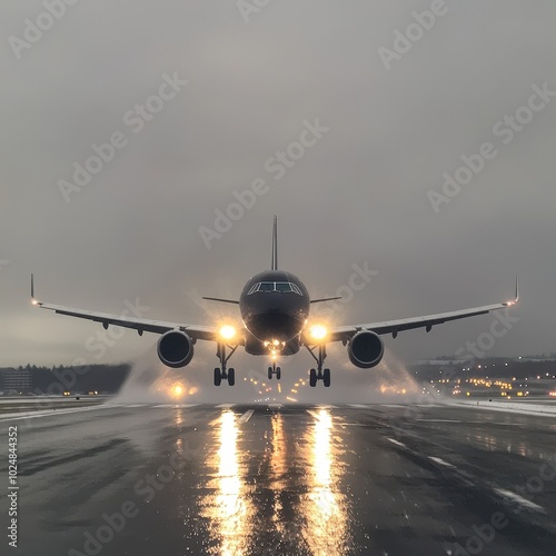 A dramatic view of a plane landing on a wet runway, illuminated by its own lights against a moody, overcast sky.