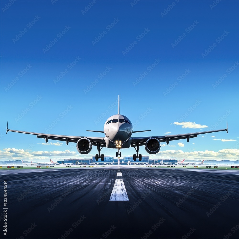 A commercial airplane landing on a runway under a clear blue sky, capturing the essence of air travel and modern aviation. A commercial airplane landing on a runway under a clear blue sky, capturing the essence of air travel and modern aviation.