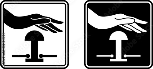 Emergency Stop Push Button Signs. Black and White Vector Icons. Evacuation Sign. Industrial Safety, Observe Work Rules at the Facility. Emergency Situation
