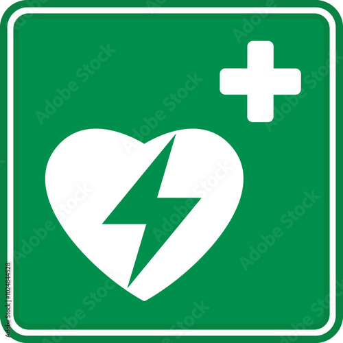 Green Sign Defibrillator. Vector Icon. First Aid Sign. Automatic External Cardiac Defibrillator. Emergency Safety, Medical Equipment
