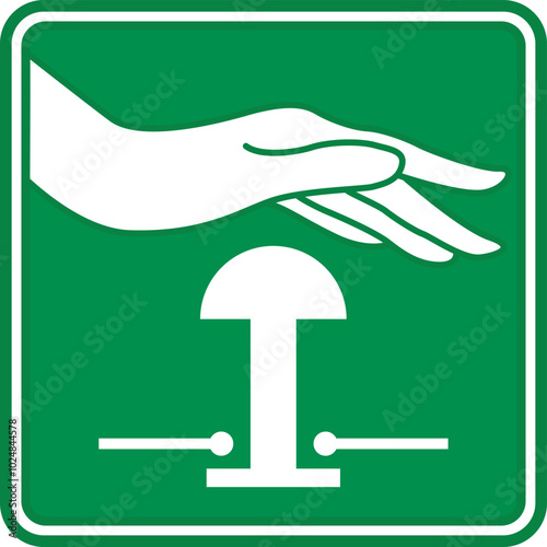 Green Sign Emergency Stop Push Button. Vector Icon. Evacuation Sign. Industrial Safety, Observe Work Rules at the Facility. Emergency Situation