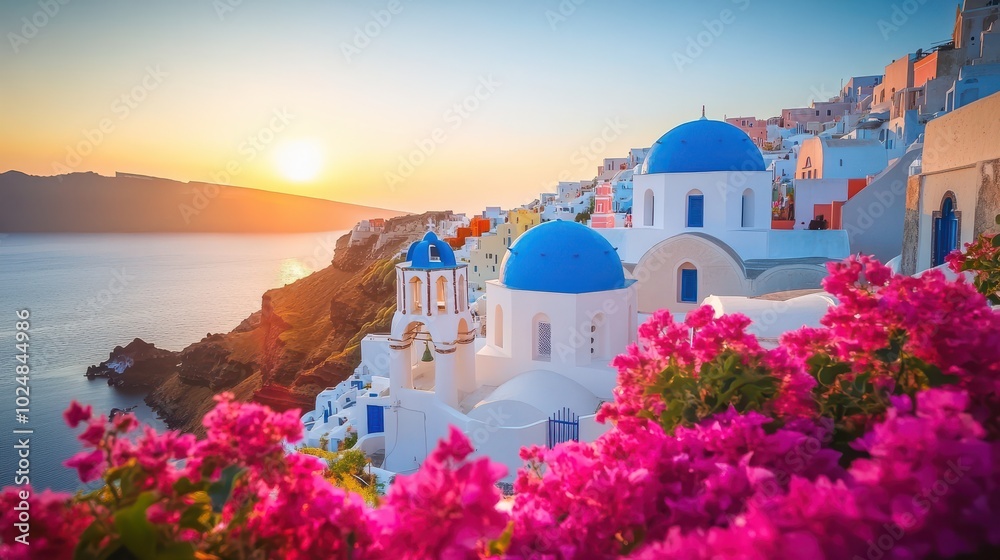 Naklejka premium Santorini at Sunset with White and Blue Domed Buildings