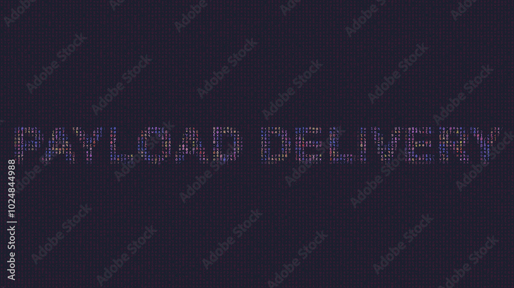 Fototapeta premium Cybersecurity concept payload delivery on foreground screen, ASCII style in a code development editor. Vulnerability and attack on colored code editor. Text in English, English text