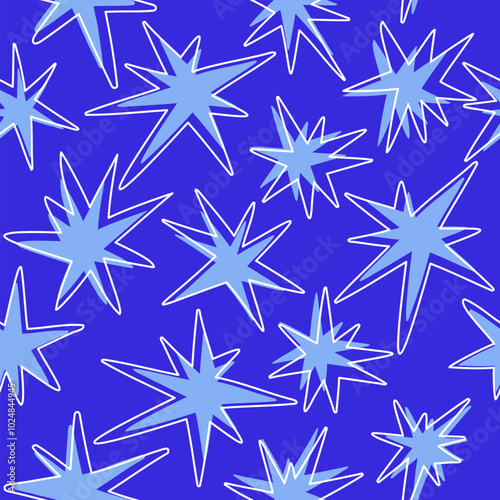 Seamless pattern with bright stars in flat style. Hand drawn vector illustration.