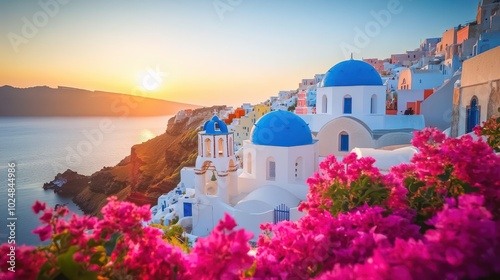 Santorini at Sunset with White and Blue Domed Buildings