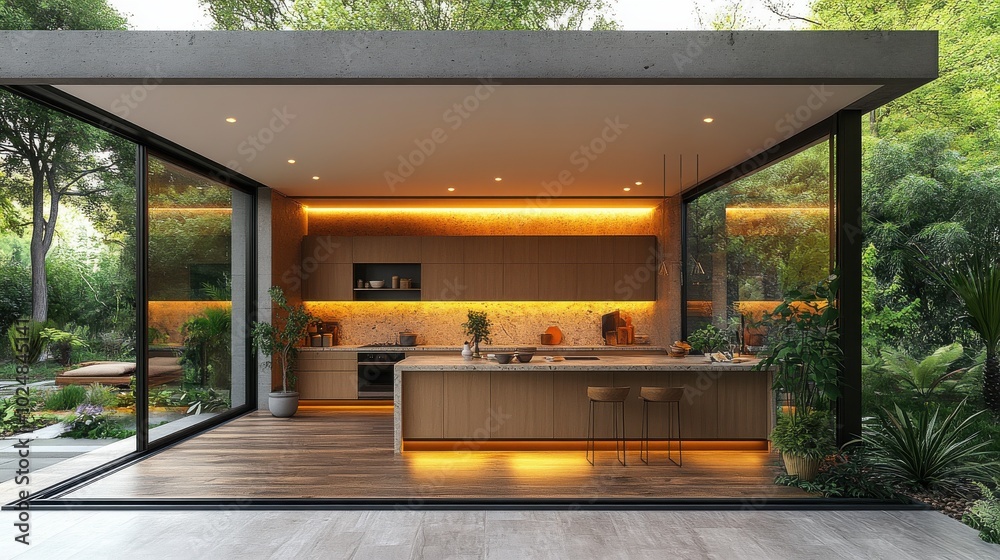 Luxurious Open-Concept Kitchen with Warm Lighting and Nature Views Luxurious Open-Concept Kitchen with Warm Lighting and Nature Views