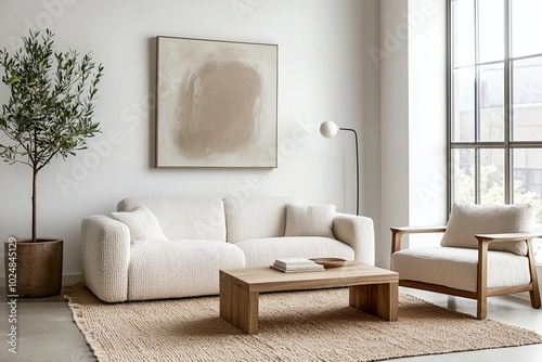 Minimalist, a japandi interior in a living room with white suits and boucle sofas hanging with art frames. Generative AI
