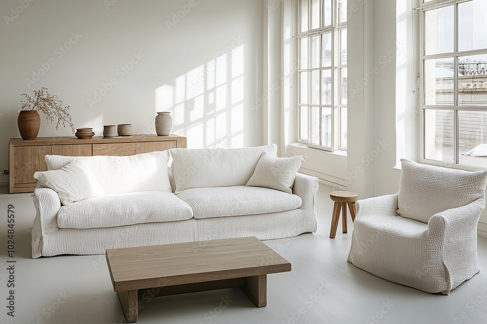 Minimalist, modern japandi interiors in a living room with grid windows and boucle sofas. Generative AI
Minimalist, modern japandi interiors in a living room with grid windows and boucle sofas. Generative AI