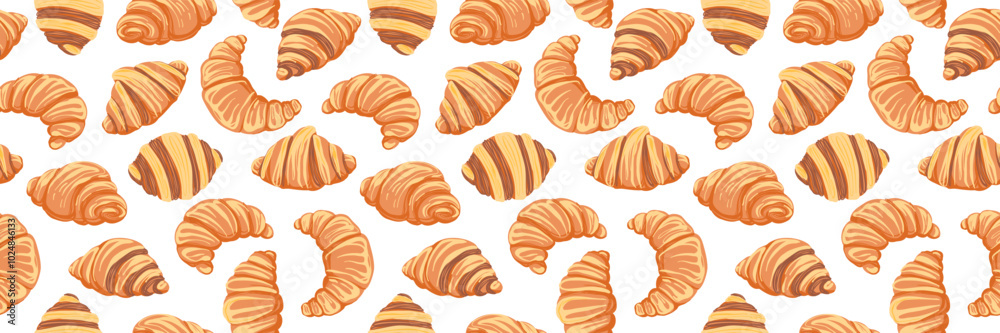 Seamless pattern with croissants in flat style. French pastries. Hand drawn vector illustration. Seamless pattern with croissants in flat style. French pastries. Hand drawn vector illustration.