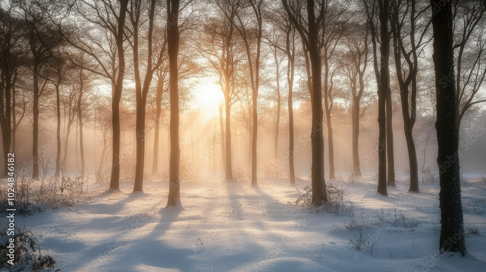 Frosty morning sun shining through bare trees, with snow-covered ground for copy space Frosty morning sun shining through bare trees, with snow-covered ground for copy space