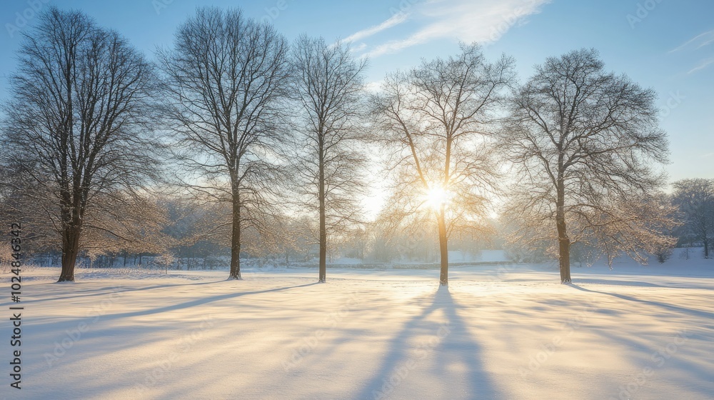 Frosty morning sun shining through bare trees, with snow-covered ground for copy space Frosty morning sun shining through bare trees, with snow-covered ground for copy space