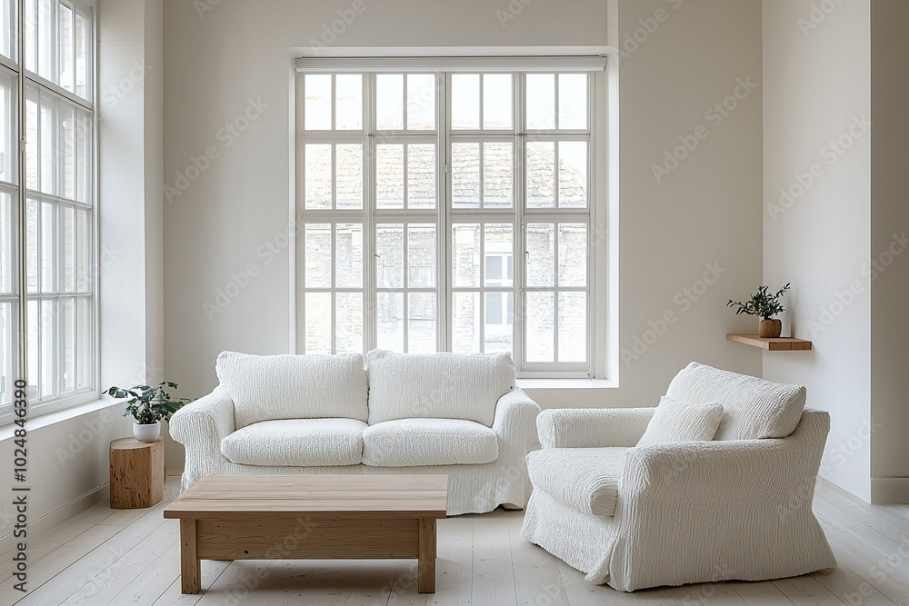 Fototapeta premium Minimalist, modern japandi interiors in a living room with grid windows and boucle sofas. Generative AI 