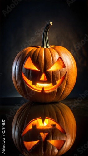 Scary Halloween pumpkin with glowing eyes at black background. Spooky Halloween pumpkin, Jack O Lantern, with an evil face, smile and eyes on black background.