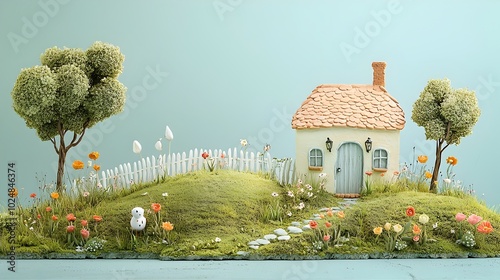 Charming 3D Clay Cottage Surrounded by Clay Trees and Flowers on Picturesque Hillside Landscape Conveying a Whimsical Fairytale like Atmosphere photo