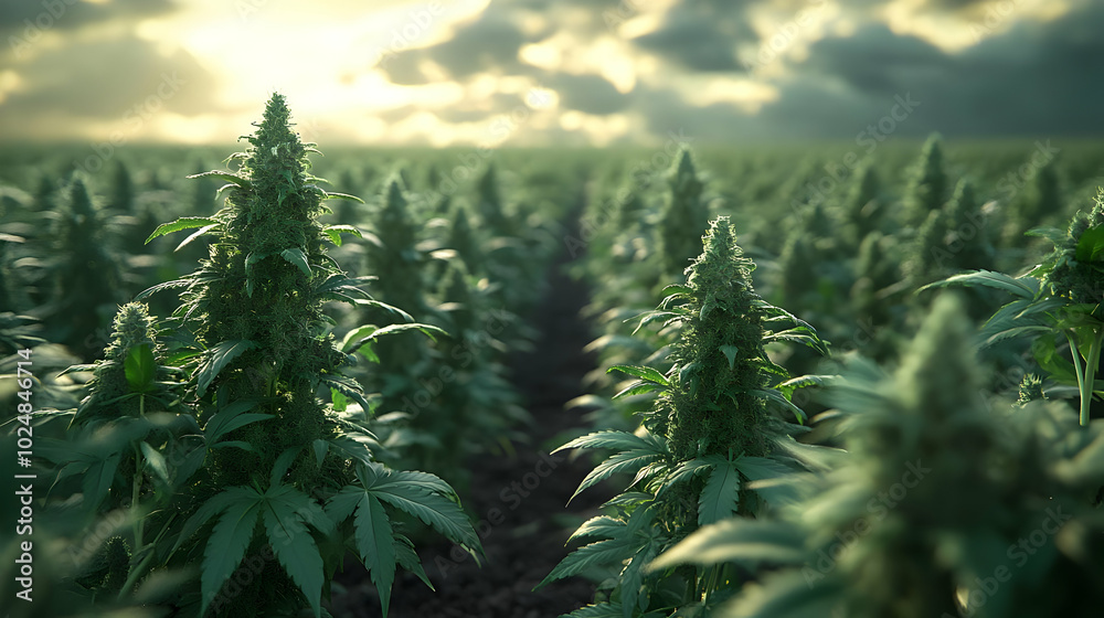 Lush cannabis plants growing in a vast field under cloudy skies. Lush cannabis plants growing in a vast field under cloudy skies.