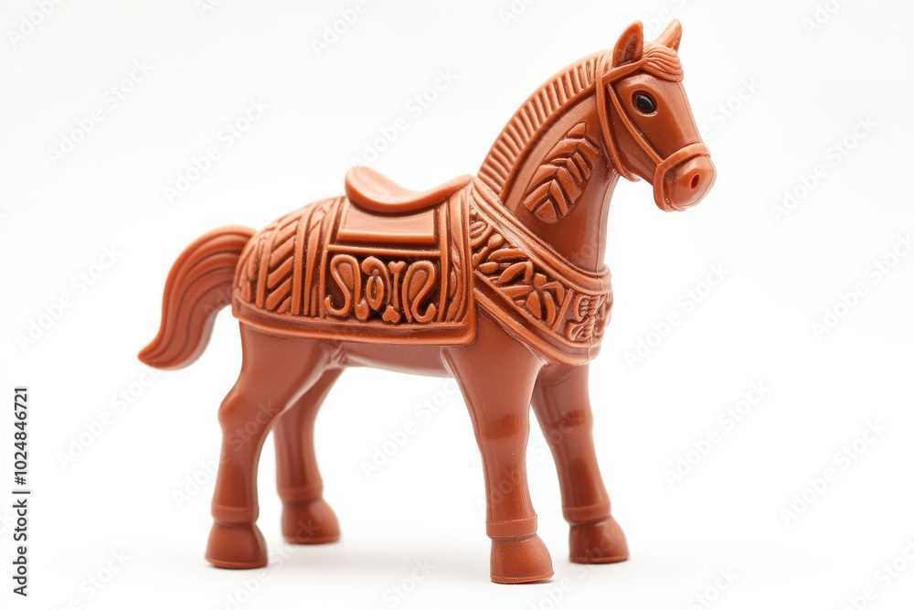 Fototapeta premium Toy Horse. Plastic Toy Horse Isolated on White Background with Tribal Brown Patterns