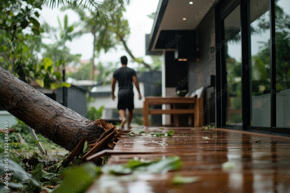 A man is walking on a wet porch pathway beside a fallen tree, in a lush garden setting after a rainstorm, suggesting the aftermath of severe weather conditions. A man is walking on a wet porch pathway beside a fallen tree, in a lush garden setting after a rainstorm, suggesting the aftermath of severe weather conditions.
