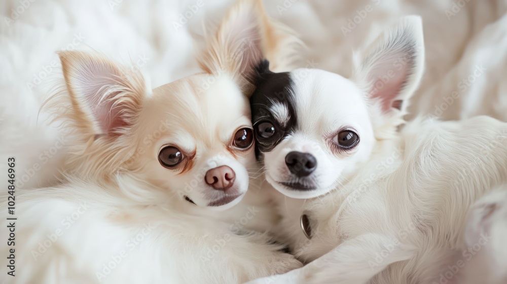 Two adorable chihuahua puppies cuddling on a white blanket. Two adorable chihuahua puppies cuddling on a white blanket.
