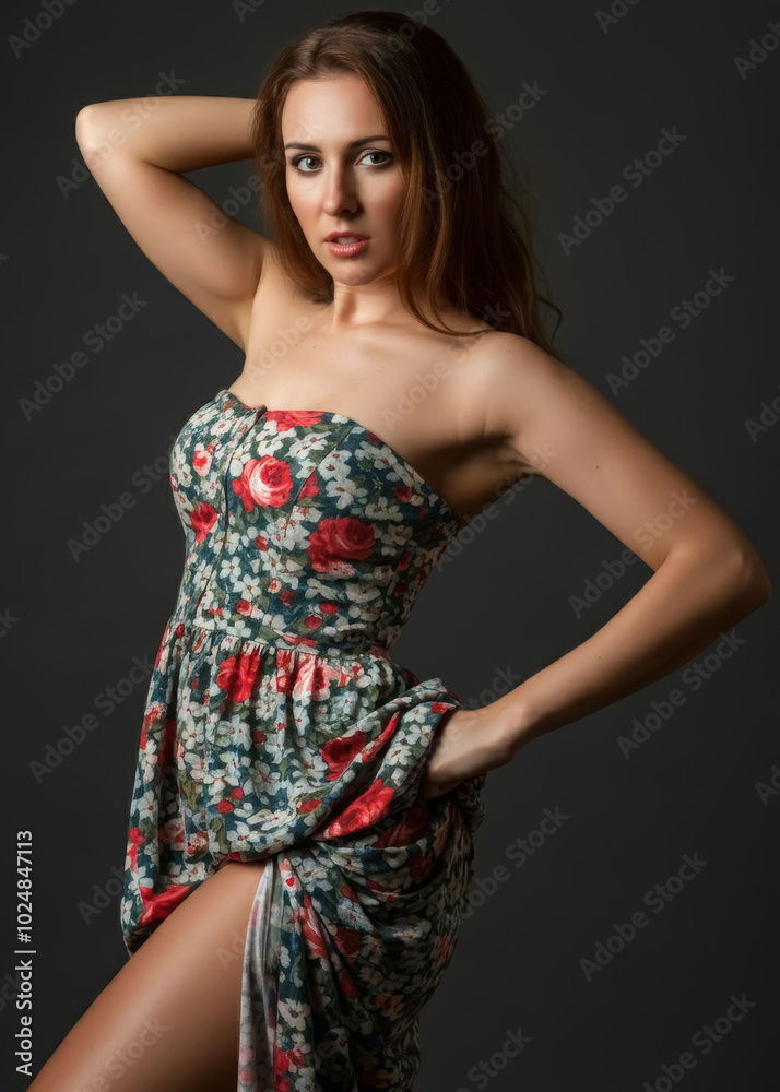 Beautiful sexy woman in a casual everyday dress, woman lifting up her dress reveals perfect beautiful legs, hot skin