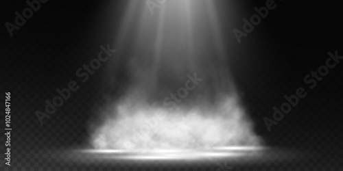 Dark stage on transparent background, white light from spotlight, empty dark stage and studio room with floating smoke. For product demonstrations.	