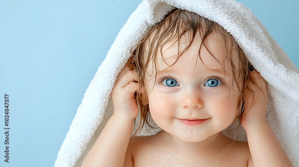 Close up of a baby s head wrapped in a soft white towel with the infant s wet hair and the gentle textured fabric of the towel visible  This intimate