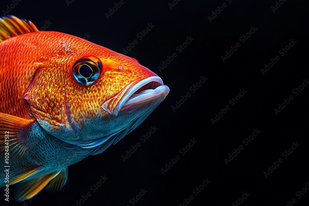 Mystic portrait of Cubera Snapper, copy space on right side, Close-up View, isolated on black background Mystic portrait of Cubera Snapper, copy space on right side, Close-up View, isolated on black background