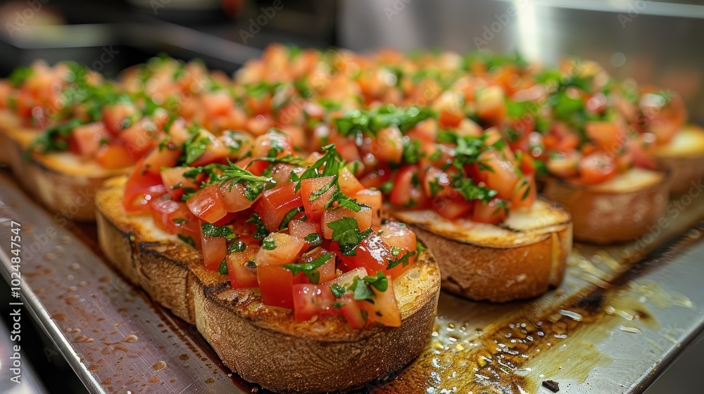 Fresh bruschetta topped with vibrant tomatoes and herbs served on toasted bread at a bustling kitchen. Generative AI Fresh bruschetta topped with vibrant tomatoes and herbs served on toasted bread at a bustling kitchen. Generative AI