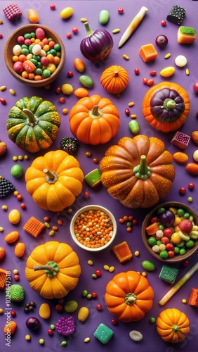 A vertical festive Halloween background featuring candy, pumpkins, and spooky decorations on a purple surface