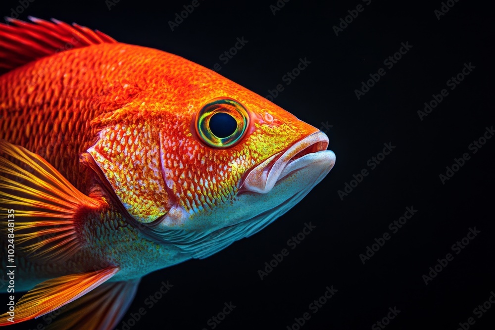 Mystic portrait of Lane Snapper, copy space on right side, Close-up View, isolated on black background Mystic portrait of Lane Snapper, copy space on right side, Close-up View, isolated on black background