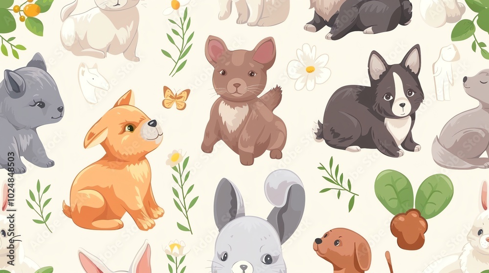 A seamless pattern of cute animals with a white background. A seamless pattern of cute animals with a white background.