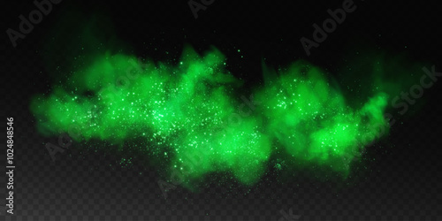 Fantastic smoke background. Magic smoke with glitter and small particles of twinkling stars, fog with glowing particles, green vapour with stardust. Vector illustration.	