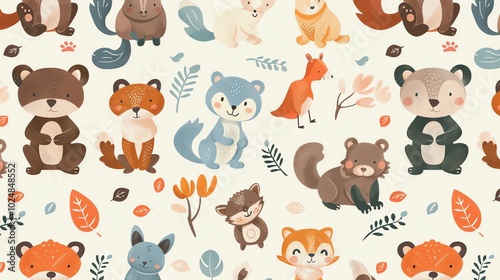 A whimsical woodland pattern featuring cute woodland animals and leaves.