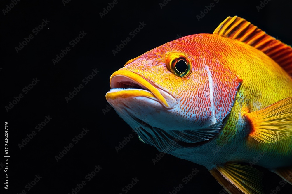 Mystic portrait of Mutton Snapper, copy space on right side, Close-up View, isolated on black background