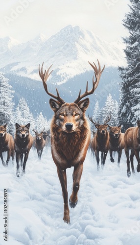 A majestic deer leading a herd through a snowy landscape with mountains in the background.