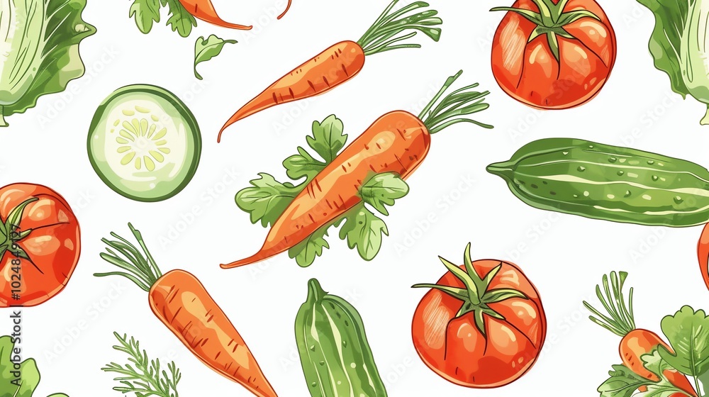 A seamless pattern of fresh vegetables on a white background, including carrots, tomatoes, zucchini, and lettuce. A seamless pattern of fresh vegetables on a white background, including carrots, tomatoes, zucchini, and lettuce.