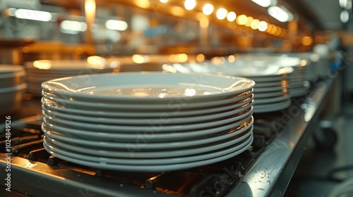 Stacks of clean white plates waiting in a bustling restaurant kitchen during the dinner rush hour. Generative AI